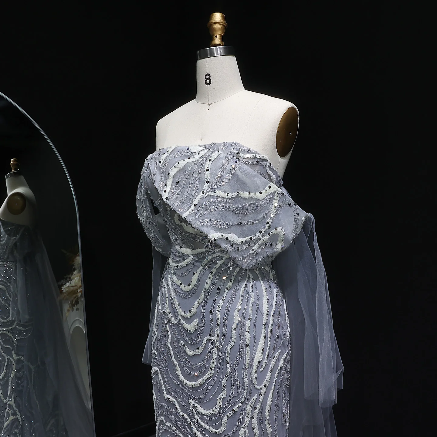 シャロンはグレーロングマーメイドイブニングドレスオフショルダーオーバースカート女性結婚式ビーズフォーマルプロムパーティードレスSS078カスタマイズしました