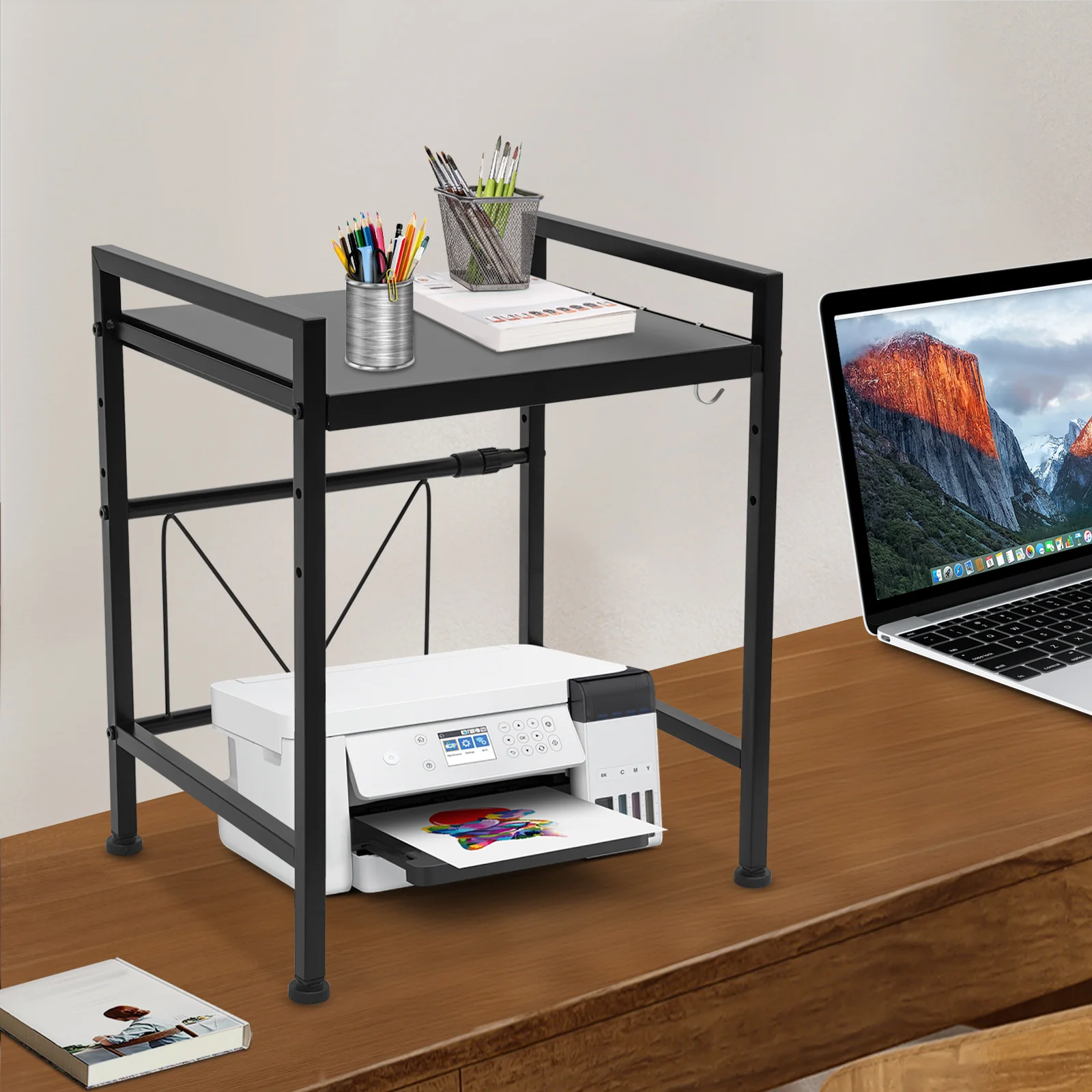 Expandable Microwave Rack, 2 Tiers Microwave Shelf, Microwave stand with 3 Hooks，for storing various kitchen utensils，save space