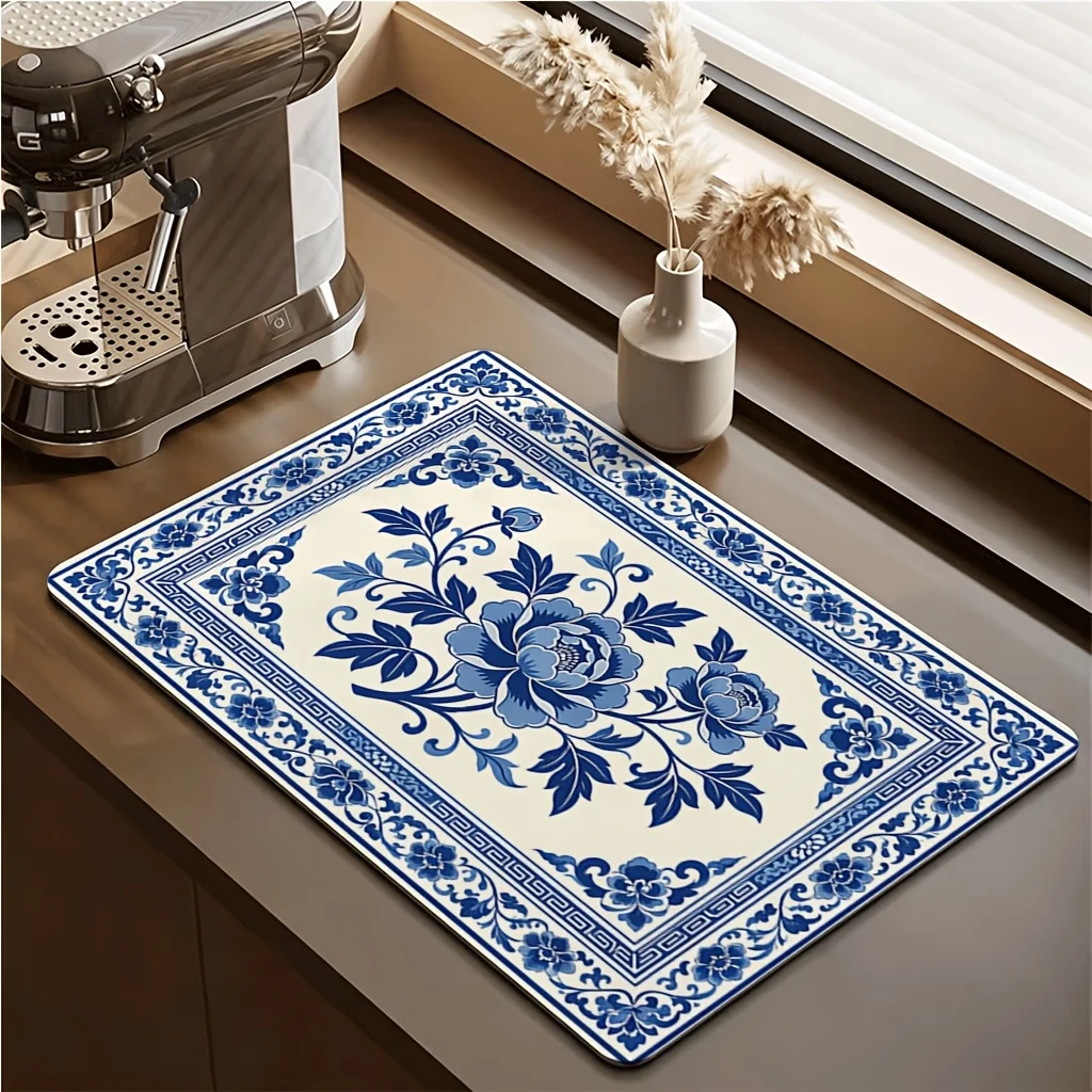 Blue White Chinoiserie Floral Fast Drying Mat Super Absorbent Tableware Countertop Pad Heat Resistant Home Placemats