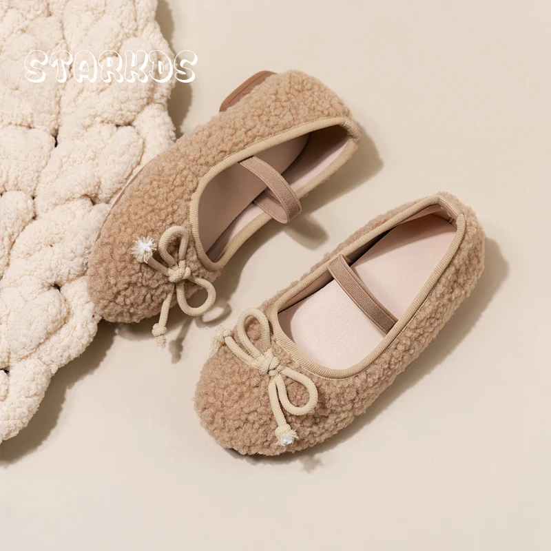 Bowknot Lambswool Ballet Flats Kid Girl Winter Warm Teddy Fur Ballerina Shoes Child Cosy Plush Shallow Loafers with Elastic Band