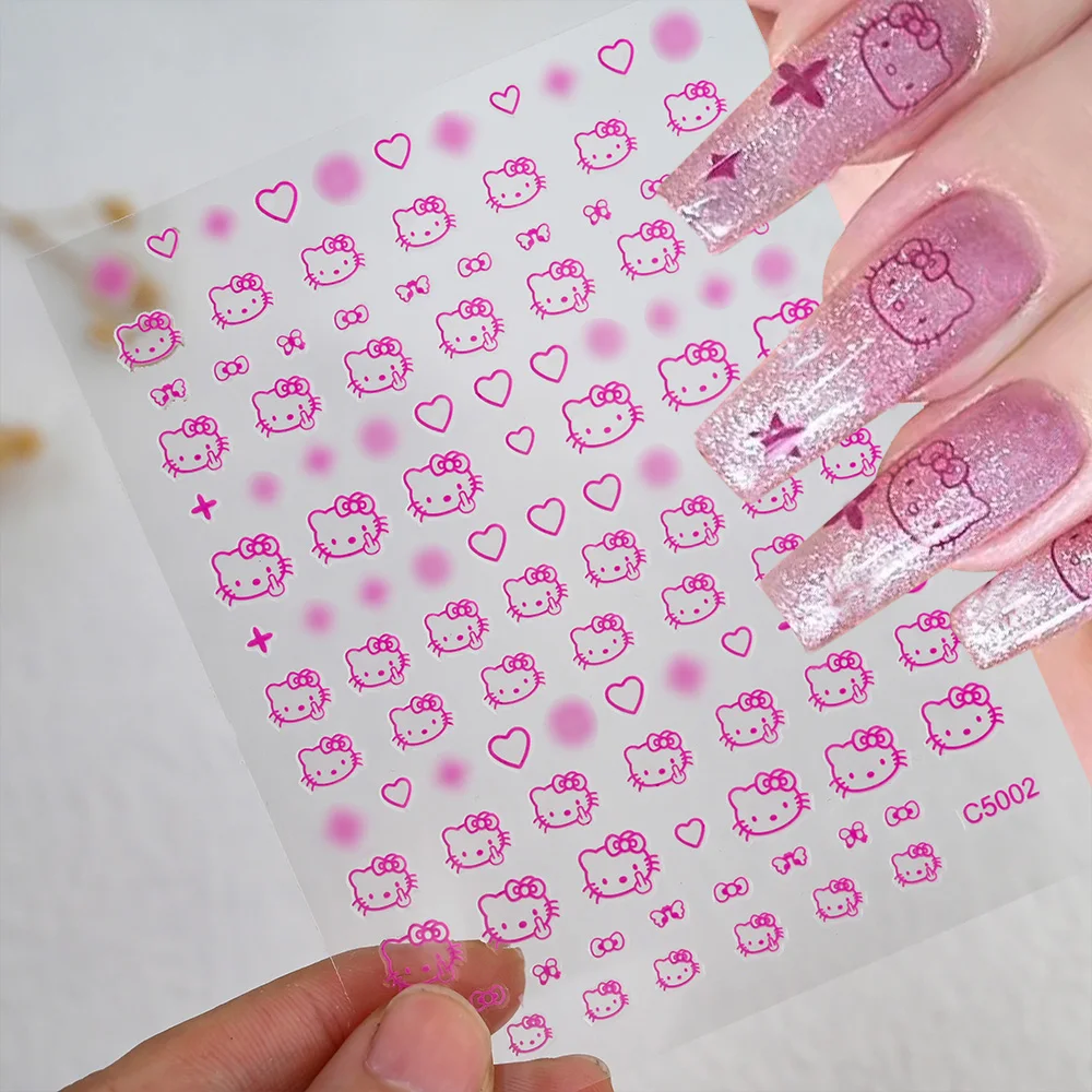 1Pcs 3D Pink Kwaii  Kitty Nail Art Stickers 8x10cm Cartoon Cute Kitty Pink Cat Nail Slider #2025# Pink/White/Black Nail Decal