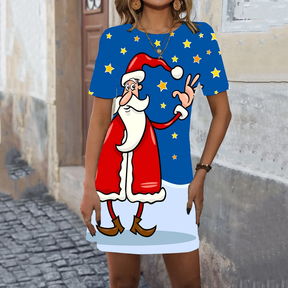 Fashionable Bohemian Santa Claus Print Pullover Mini Dress For Women 2024 New Round Neck Casual Printed Dress Ropa Mujer Sexy