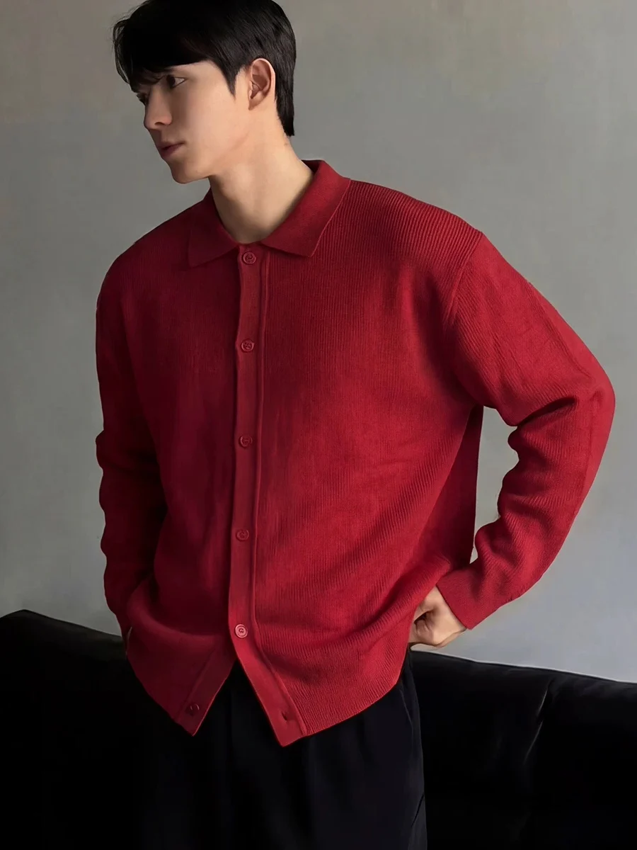 Korean Style Slim Fit Long Sleeve Knitted Cardigan Men's Sweater with Stand Collar Button Jacket Thin Outerwear Core Yarn