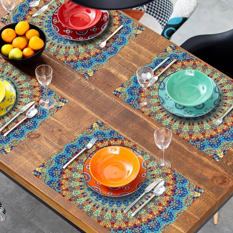 1/4pcs Boho Mandala Colorful Table Mats Bohemian Placemats Non-Slip Heat Resistant Place for Dining Kitchen Party Coffee Bar