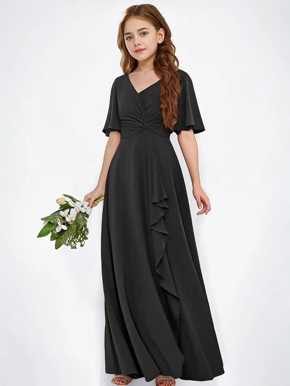 슬릿 브이넥이 있는 A라인 주니어 신부 들러리 드레스 보헤미안 러플 쉬폰 플라워 걸 드레스 십대 소녀를 위한 정장 드레스