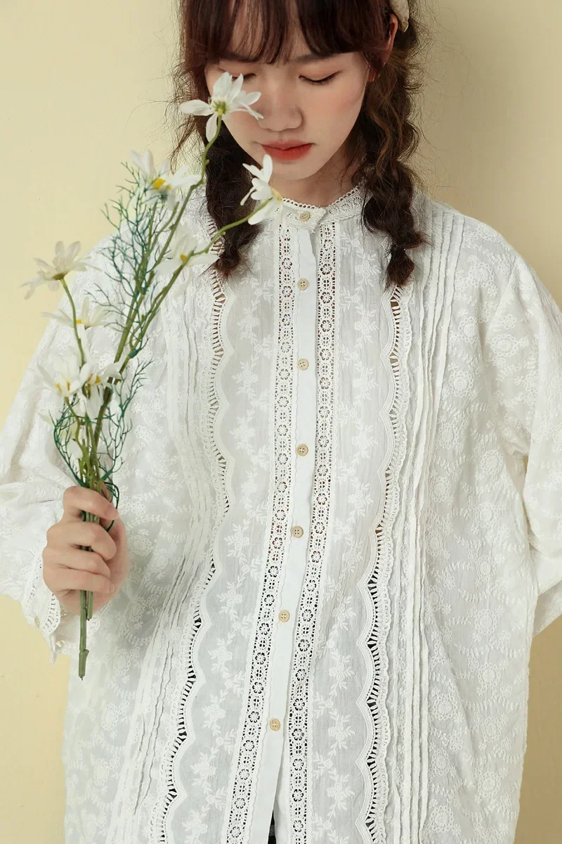 Mori Girl Cotton Eyelet Embroidery Lace Straight Loose Long Sleeve Shirt Vintage Edwardian Victorian Lolita Steam Punk Shirt