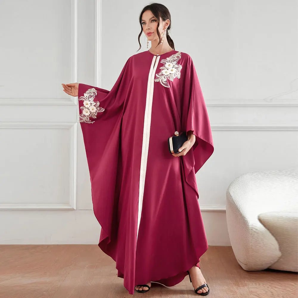 Women Eid Muslim Abayas Appliques Party Dress Batwing Ramadan Morocco Long Robe Dubai Abaya Patchwork Kaftan Elegant Loose