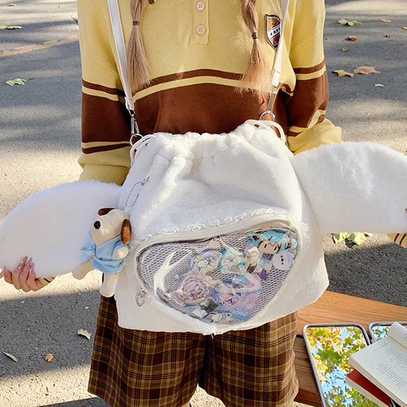 Ita Bag, Rucksack mit Klarsichtfenster, Damenmode-Plüsch-Umhängetasche mit Kordelzug, Leichte Schultasche mit großer Kapazität – Detail 24