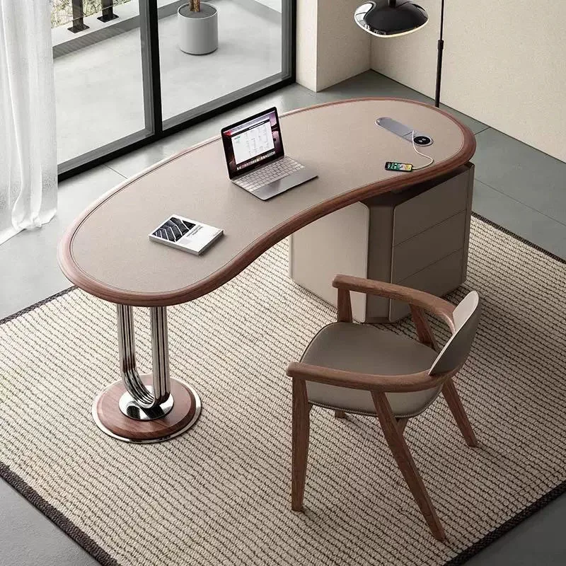 Retro style saddle leather  Italian minimalist home office dual-purpose solid wood computer