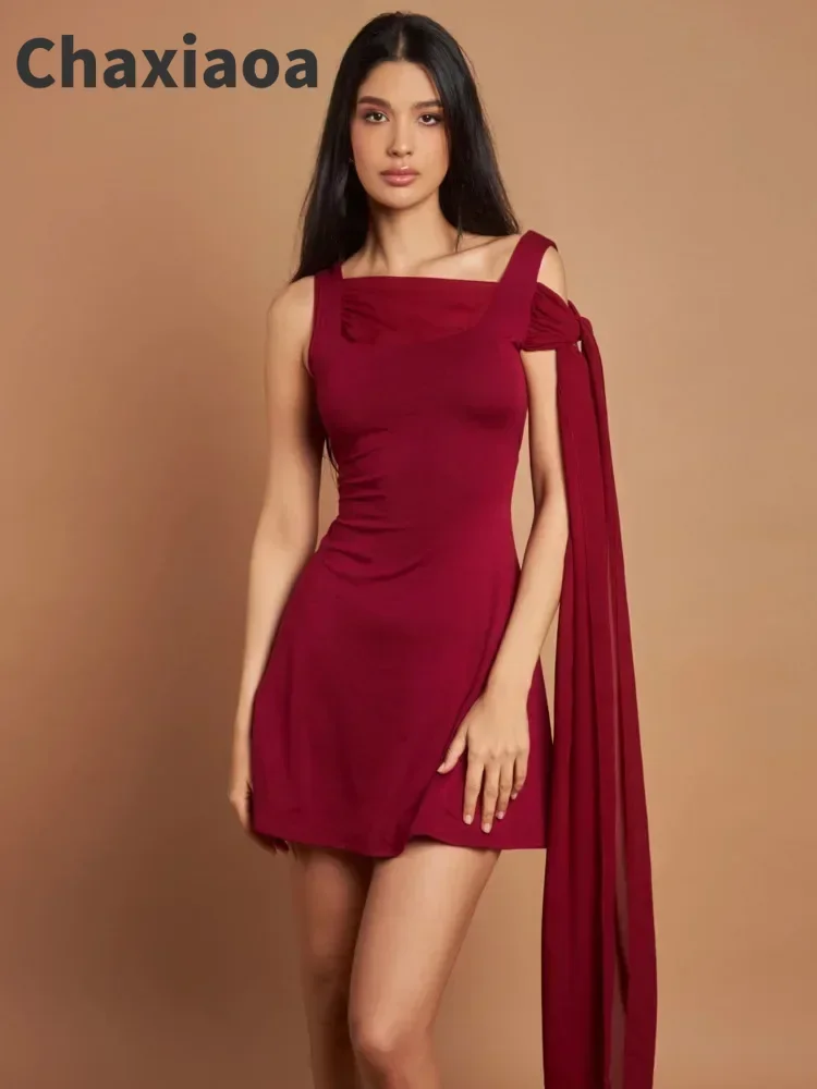 

Chaxiaoa Sexy Sleeveless Elegant Bodycon Ribbon Slim Fit Mini Dress for Women High Waist Robe Off-shoulder Sexy Club Party Dress