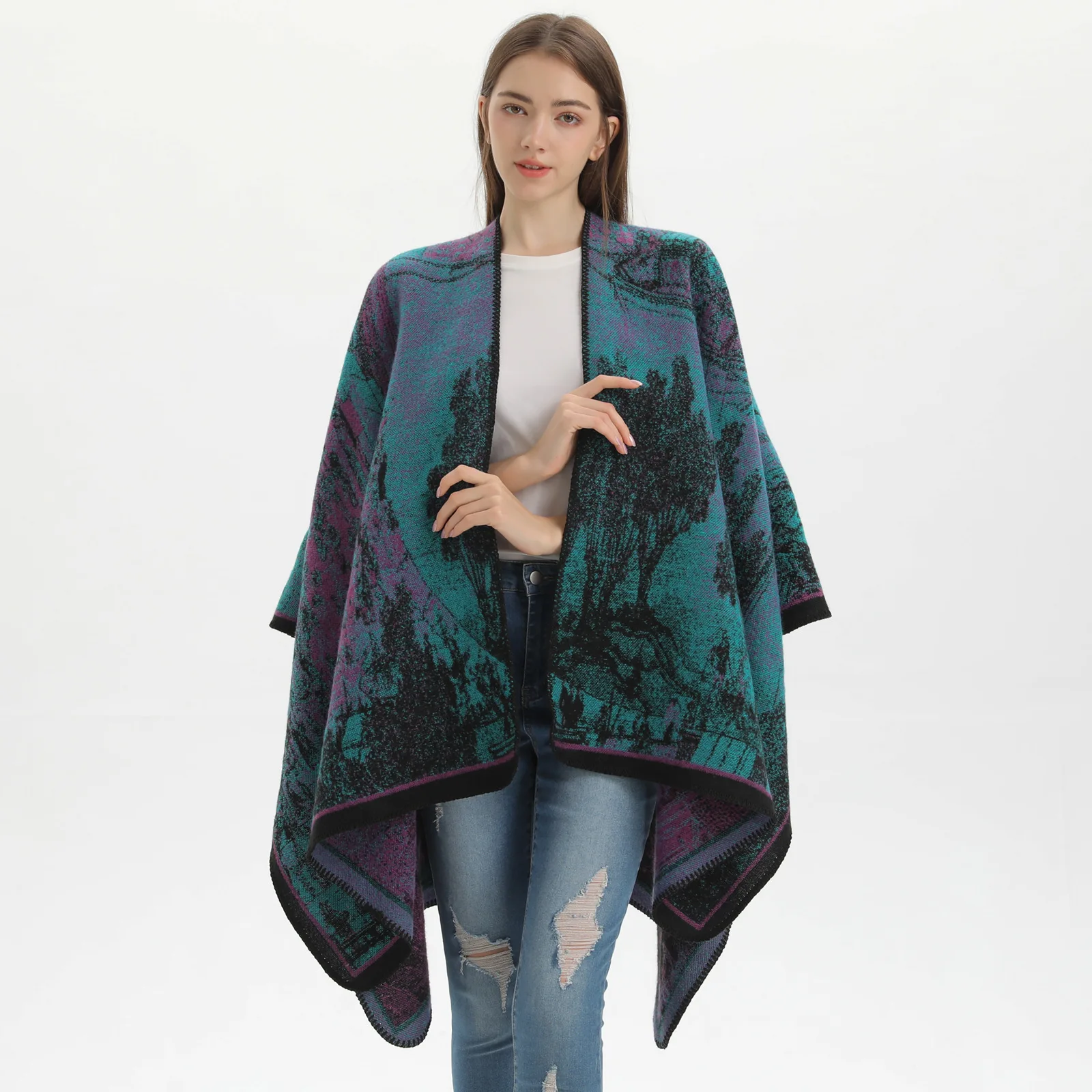 Poncho Chinese Style women's Shawl Travel Camping Photos for Warmth Wearing Imitation Cashmere Cardigan  Cloaks Lady Capes