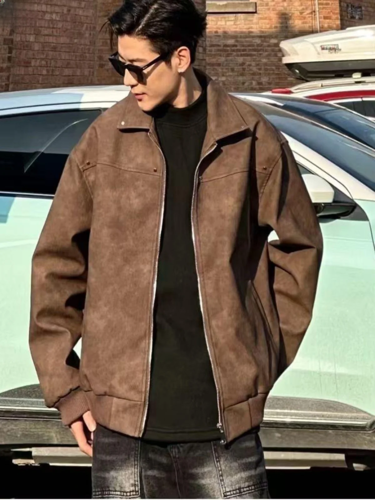 

Ретро-куртка из искусственной кожи с коричневым воротником в американском стиле, мужская, весенняя, из высококачественной замши, для пар, модная, свободного кроя, молодежная