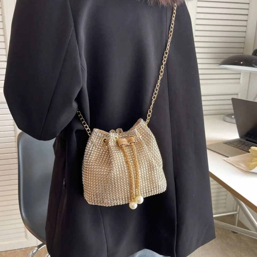 

Блестящая вечерняя банкетная сумка, маленькая сумочка со стразами, сумка-ведро в корейском стиле, женская сумка через плечо на шнурке