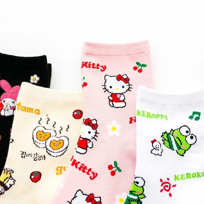 Meias sanrio cartoon para mulheres, padrão kawaii, hello kitty, minha melodia, meio tubo, algodão, respirável, estudante, meninas, presentes de decoração