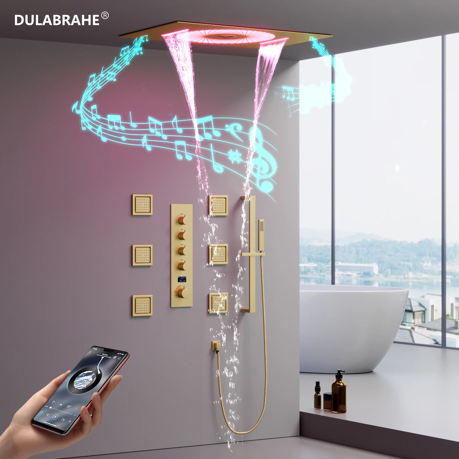 DULABRAHE60x40.5CM Sky City LED Hot & Cold Flow Shower Set System Water Column Waterfall Shower Music Bathtub Set