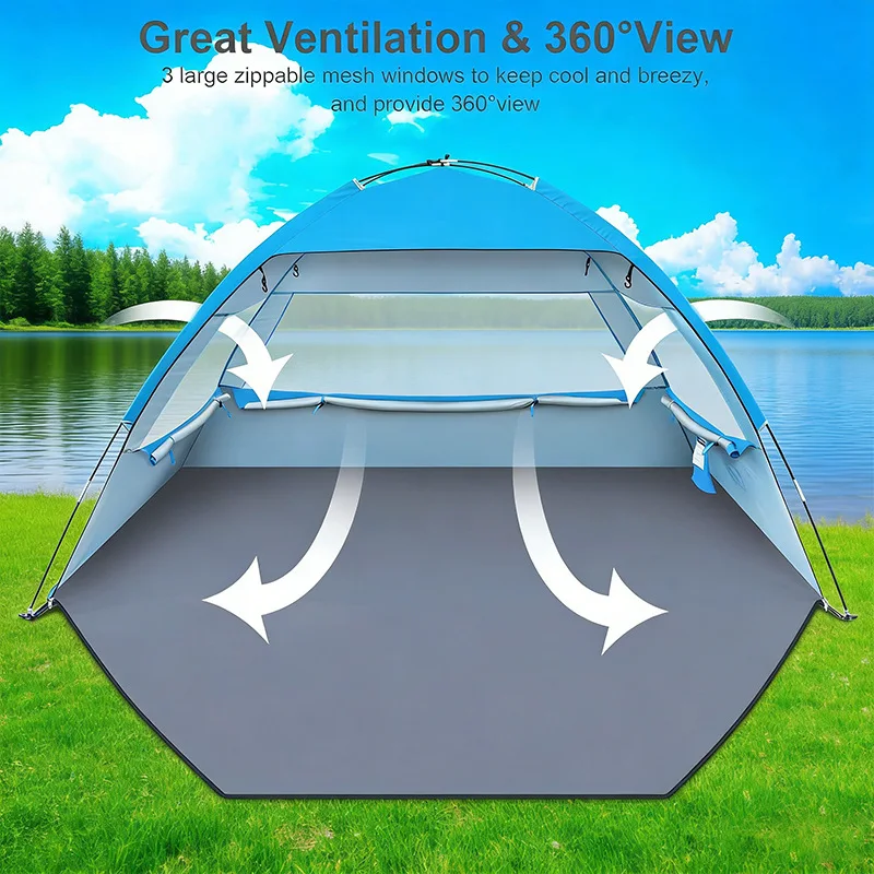 Beach Tent Awning UPF 50+ UV Protection Lightweight Easy Setup Polyester Three-Season Shade Canopy