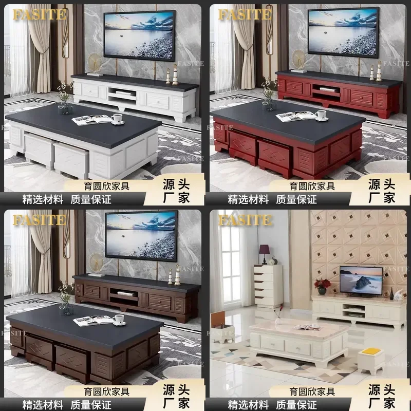 For New Chinese Style Solid Wood Coffee Table and TV Cabinet Combo with Stone Surface Large Capacity Storage Eco Friendly