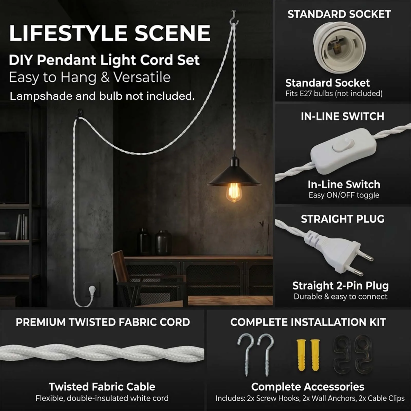 White Fabric Pendant Lamp Cord Set with E27 Socket Inline Switch EU Plug for Hanging Light DIY