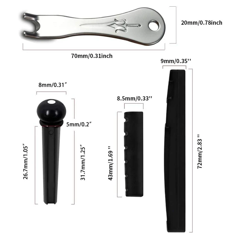 A64T Guitar Bridge Pin Puller Remover Extractor Tool Kit with 12 Pcs Bridge Pins 2 Saddle for Nut for Acoustic Guitar