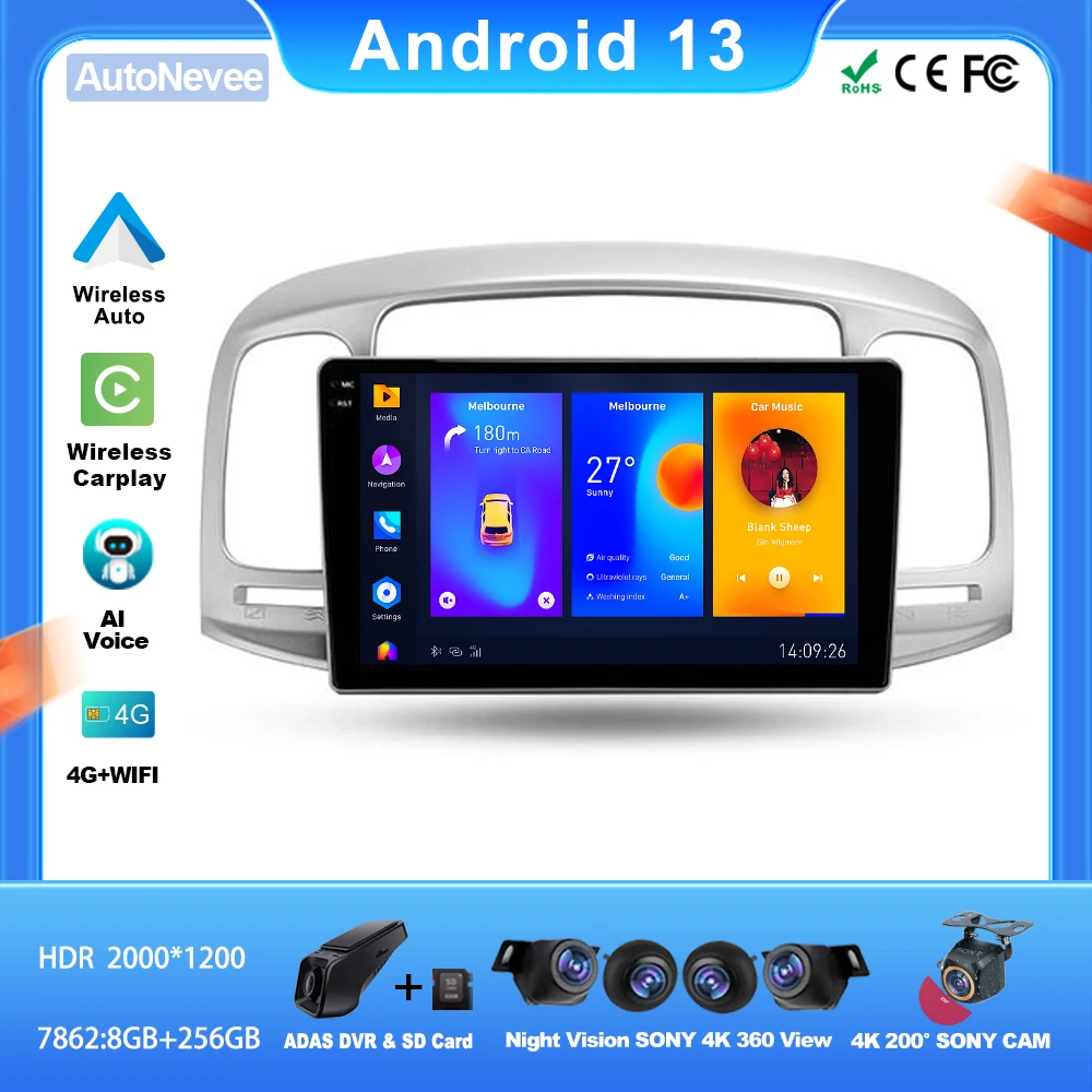 

Android для Hyundai Accent 3 2006 - 2011 мультимедийный автомобильный плеер Автомагнитола GPS видеонаблюдение беспроводной Головной блок 4G WiFi без DVD