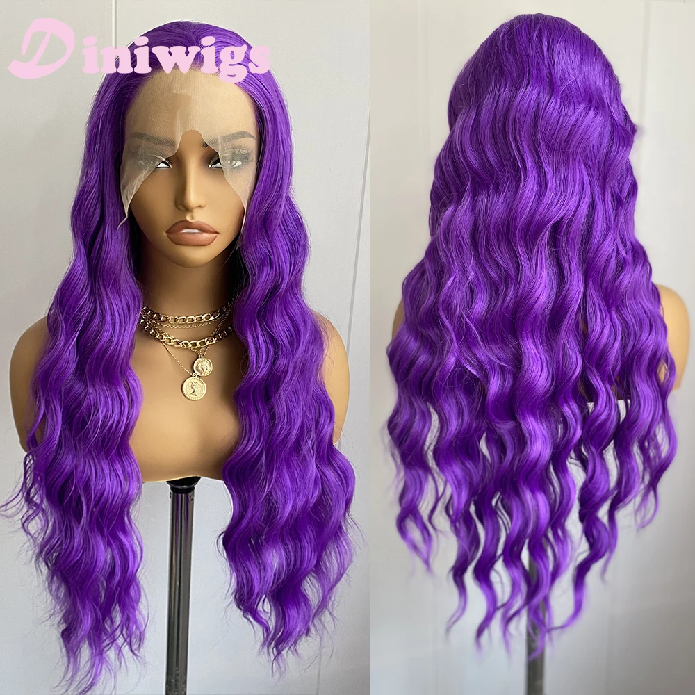 Diniwigs الأرجواني شعر مستعار موجة فضفاضة طويلة الدانتيل الجبهة بيروكات صناعية شعري طبيعي الاستخدام اليومي شعر مستعار للنساء ألياف مقاومة للحرارة