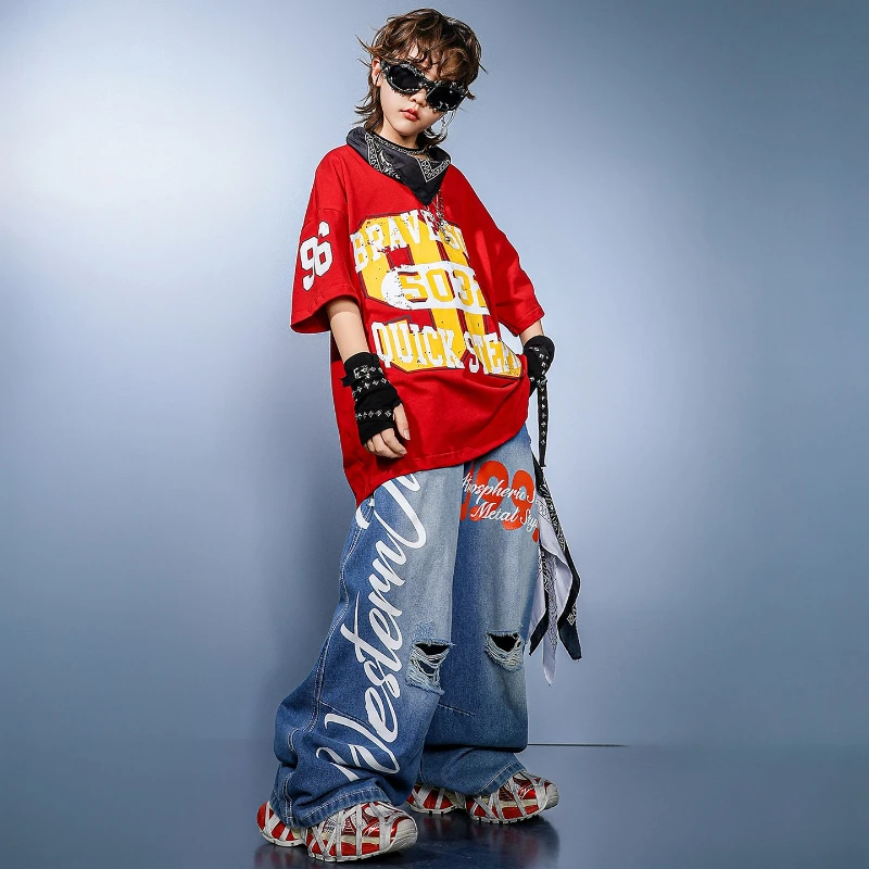 Roupas de dança de rua para meninos, verão, hip hop, camiseta vermelha, tops, calças jeans, roupas soltas de dança de rua, show de grupo, roupa de palco