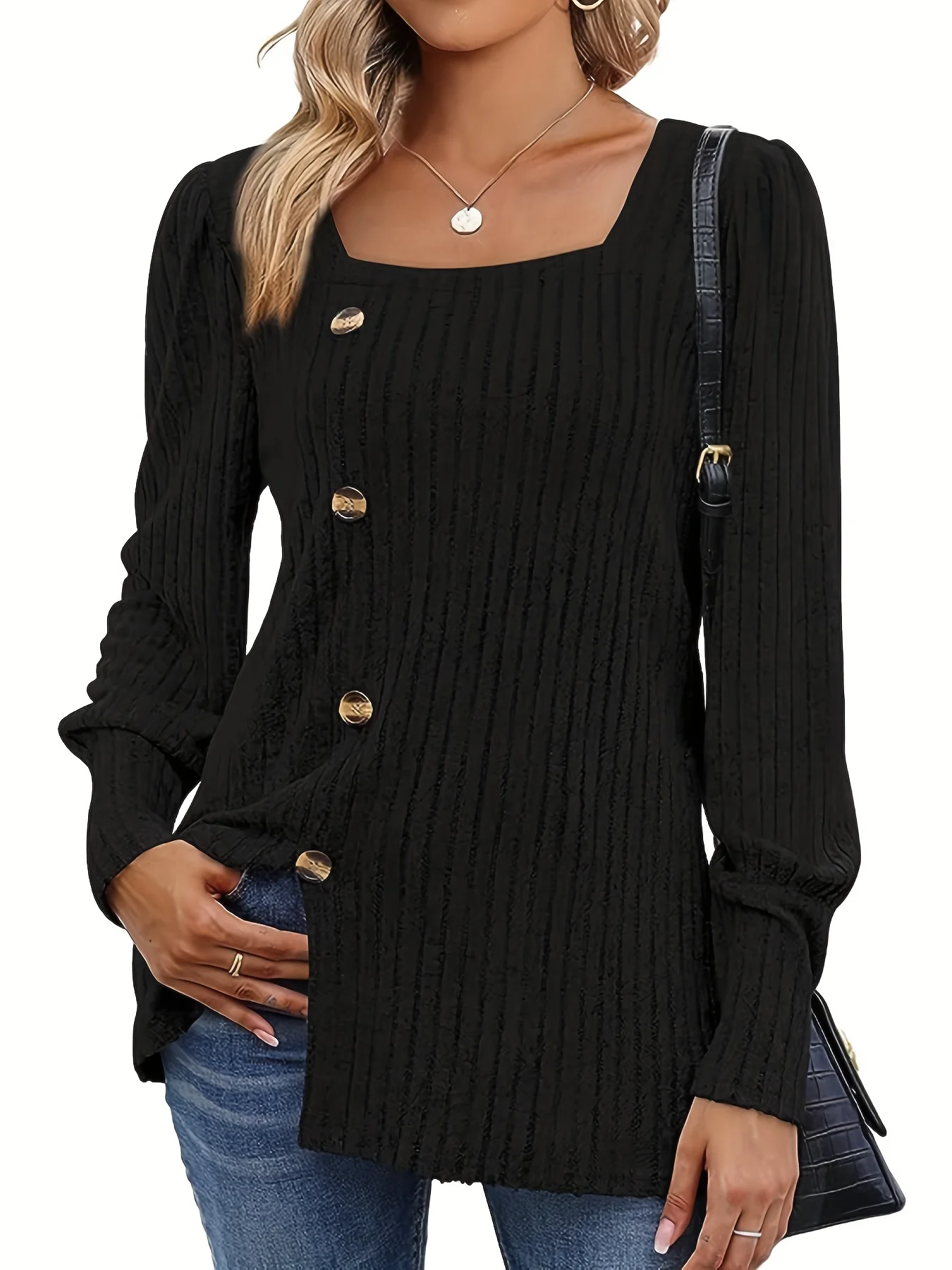 Solid Square Neck Rib Knit Sweater, Casual Button Long Sleeve Split Sweater For Spring & Fall, Women\'s Clothing