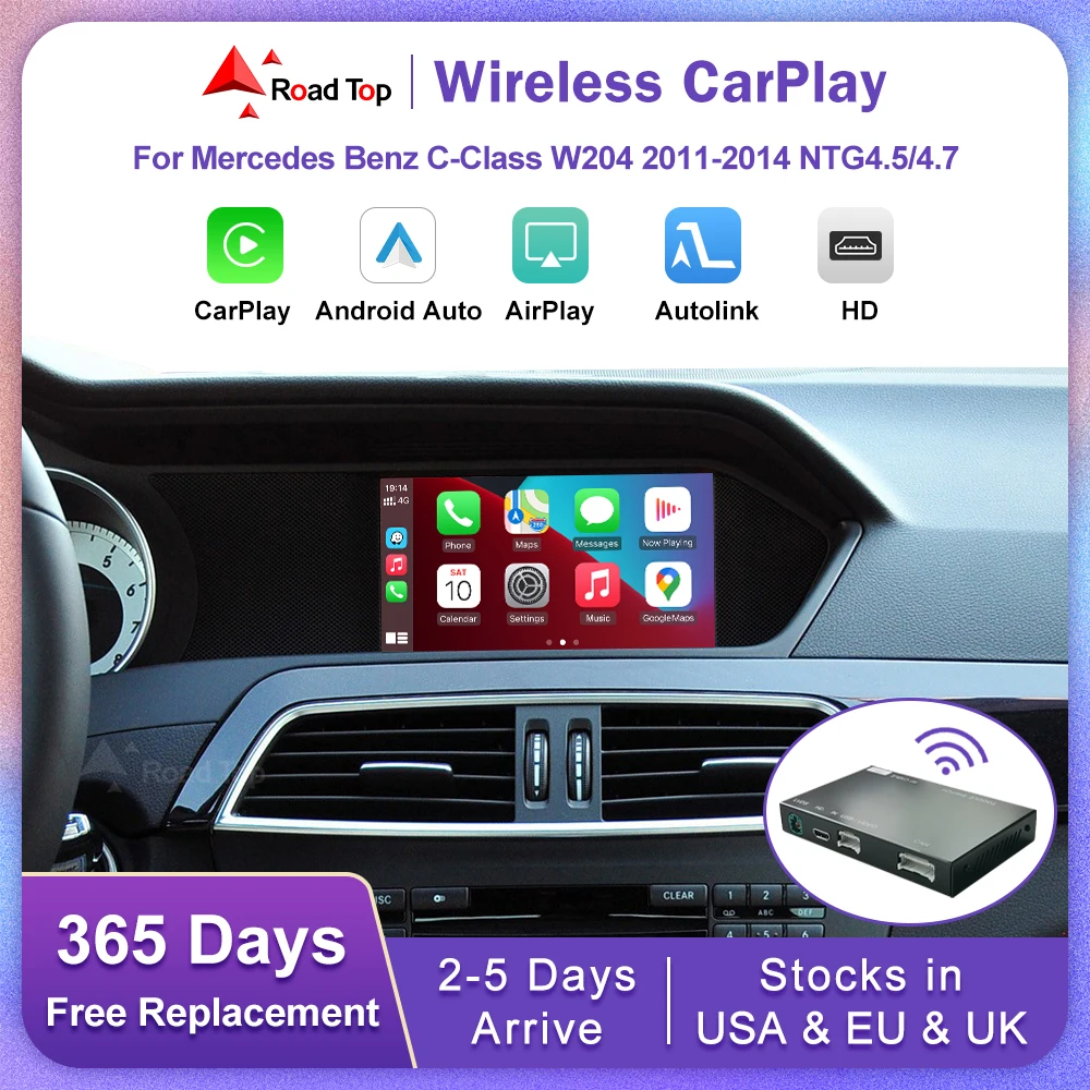 Road Top Android Auto Wireless CarPlay for Mercedes Benz C Class W204 NTG4.5/4.7 2011-2014  Mirror Link AirPlay GPS Car Play