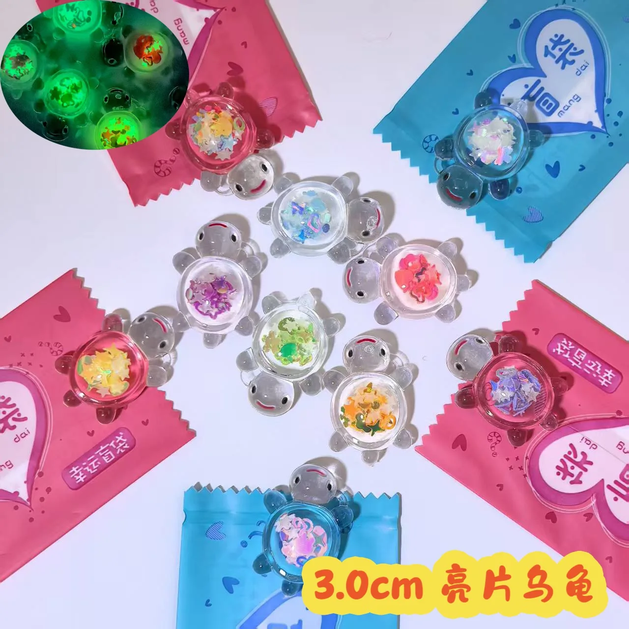 10 randomly selected glow-in-the-dark resin turtle figurines in blind bags, perfect for decorating as mini ornaments