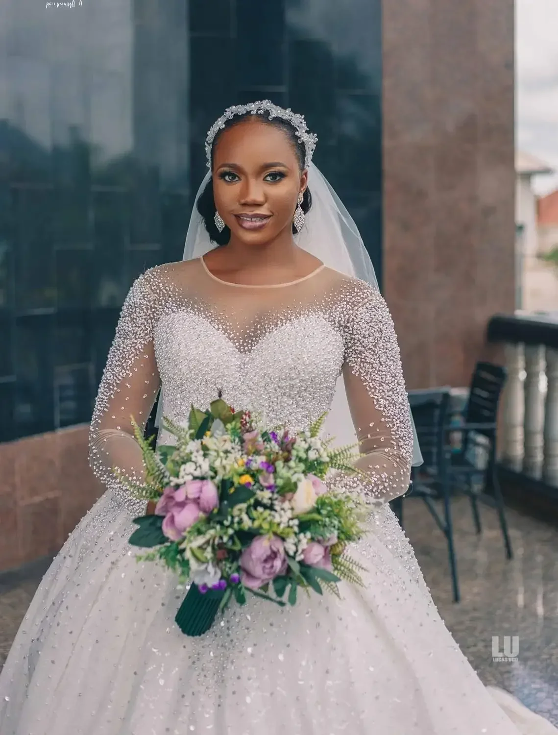 Vestido De novia personalizado con perlas brillantes, vestido De novia con ilusión De manga larga, Vestidos De novia con corsé con espalda abierta