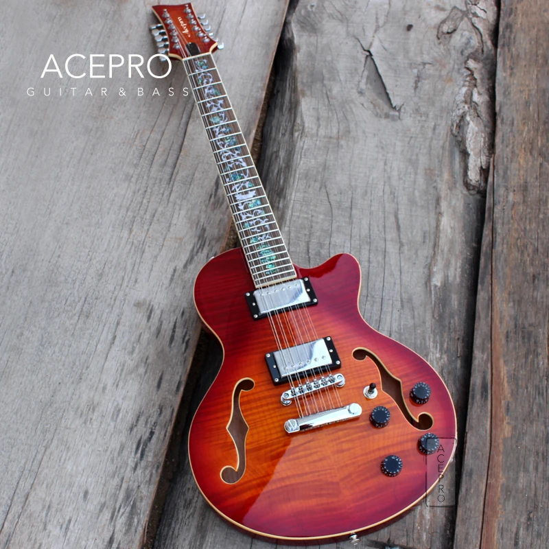 

12 String Cherry Sunburst Electric Guitar, Semi Hollow Body, Abalone Flower Inlay, Flame Maple Top, Guitarra Free Shipping