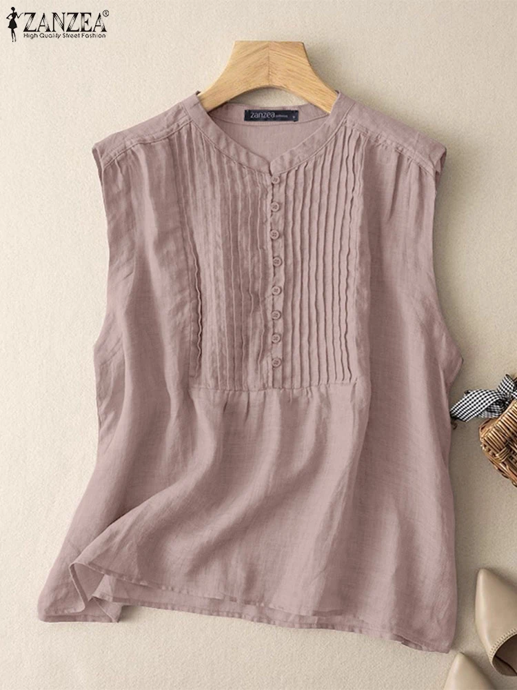 

ZANZEA Vintage Pleated-Bib Women Tanks Summer 2025 Round Neck Pintuck Sleeveless Tops Everyday Casual Solid Color Tank Tops