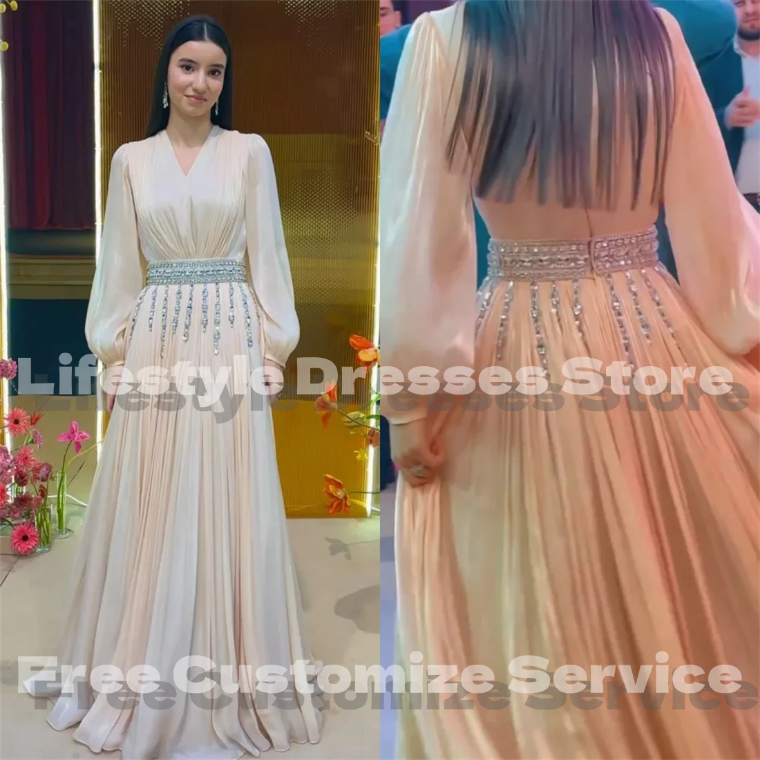 

Customized Shiny Pleat Draped Crystal Beads Evening Dresses Formal Wedding A-line V-neck Long Dresses Prom Dresses Elegant Women