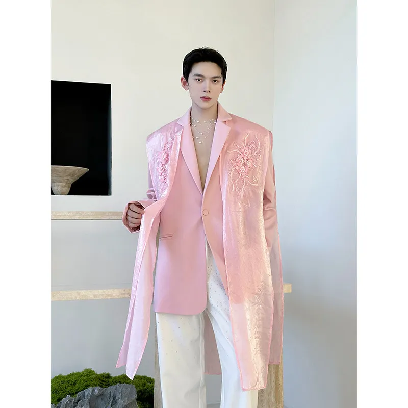 Pink Gauze Blazer Jackets Men Clothes 2026 Korean Luxury Personality Embroidery Men's Stage Performance Costume Fashion Coat Man