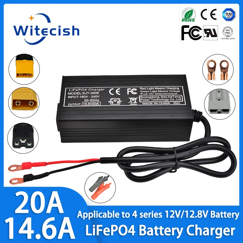 Carregador de bateria lifepo4 de 14.6v 20a com ventilador de refrigeração para 4S 12v 12.8v bateria de fosfato de ferro de lítio com plugue ue/eua/reino unido/au