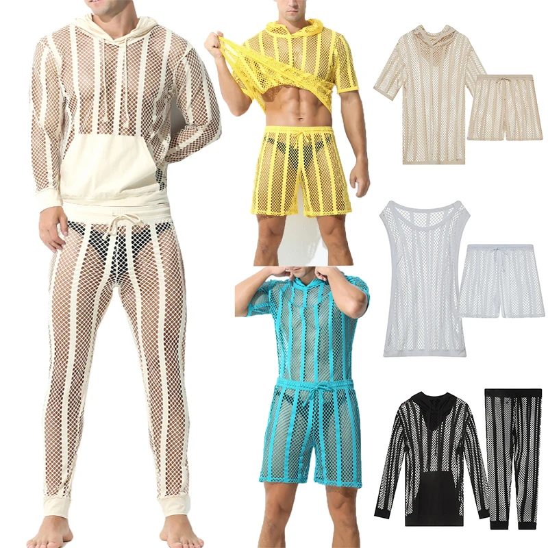 

2PCS/Sets Mens Mesh Undershirts Boxer Shorts Pants Hooded T-shirts Fishnet Hoodies Tank Tops Shirts Trousers Casual Tracksuits