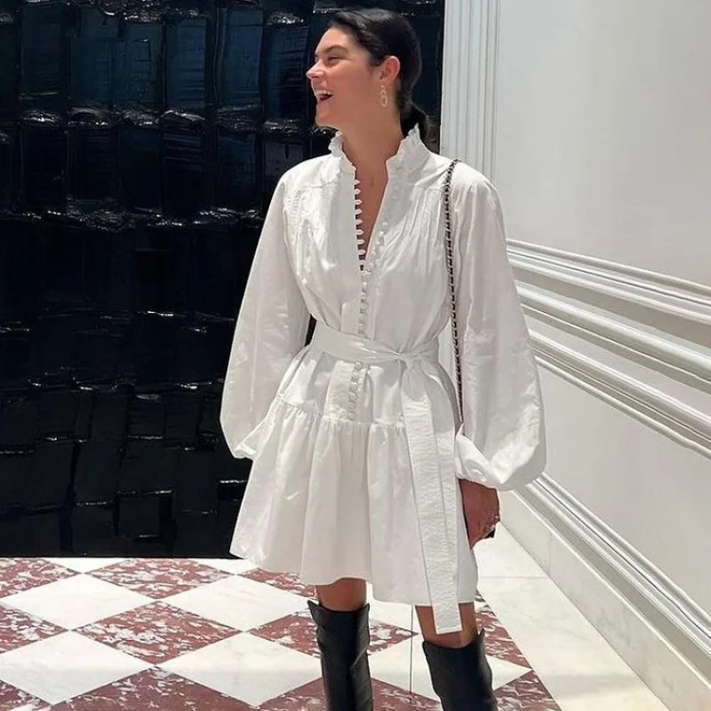 

New Cotton French Elegant Long Sleeve Dress for Women with Ruffle Collar, Ruched Design, Single-Breasted, and Tie StrapsALine sk