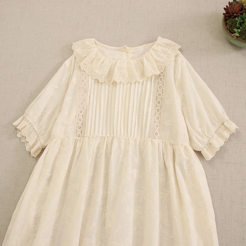 Japanese Sweet Mori Girl Embroidery Ruffle Collar Cotton Midi Dress Women Kawaii Summer Short Sleeve Casual Loose Long Dresses