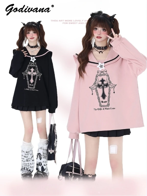 Sailor Collar Sweet Girl College Style Loose Sweatshirt New Spring Summer Asian Culture Women's Cross Print Pullover Shirt Tops