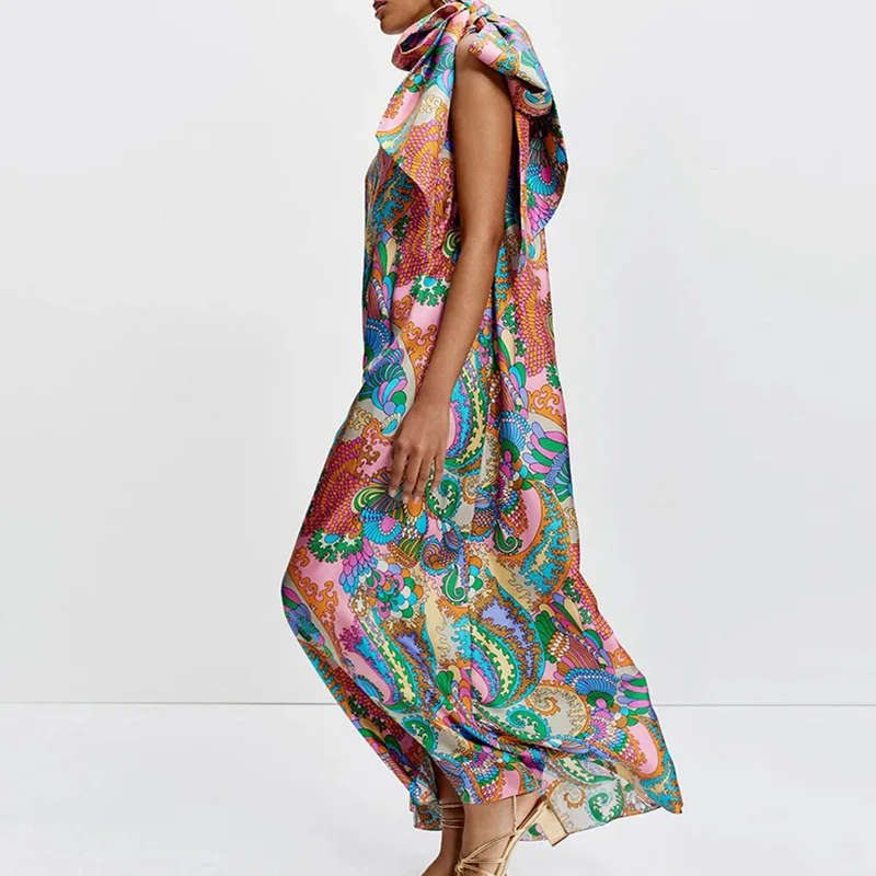 Asymmetrische Fliege Up Party Kleid Sommer Weibliche Schräge Kragen Muster Gedruckt Kleid Aushöhlen Off Schulter Casual Lange Kleider