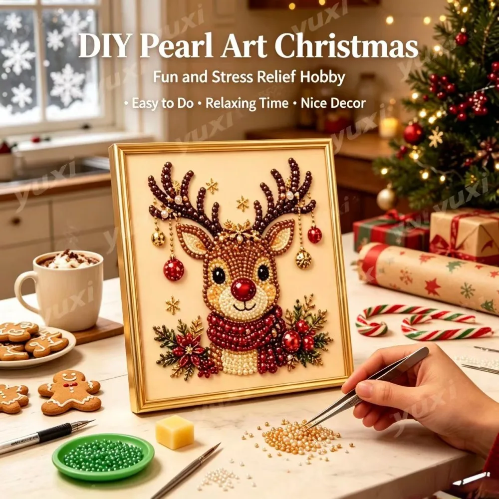 Christmas 5D Diamond Painting Kit with Pearl Beads, Full Drill Round Rhinestone Art, DIY Craft Gift for Women Mom Kids