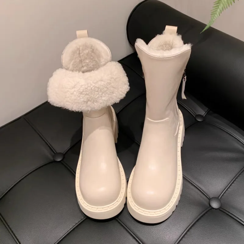 

New Women's Cotton Boots with Side Zipper, Round Toe, Thick Sole, Warm and Plush Short Boots