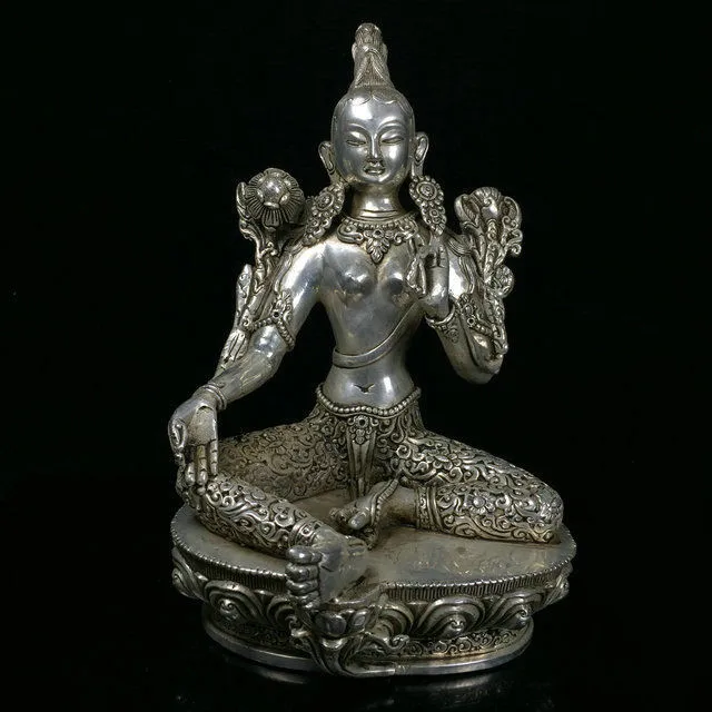 Old Chinese Tibet Silver Handmade Diamond Nepal The Bodhisattva Manjusri Bodhisattva Statue