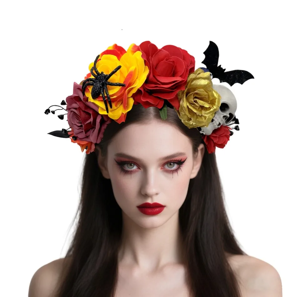 

Wholesale 5pcs Halloween Girls Bet Spider Headband Women Exaggerated Cos Dark Simulation Rose Skull Spider Headband Headdress
