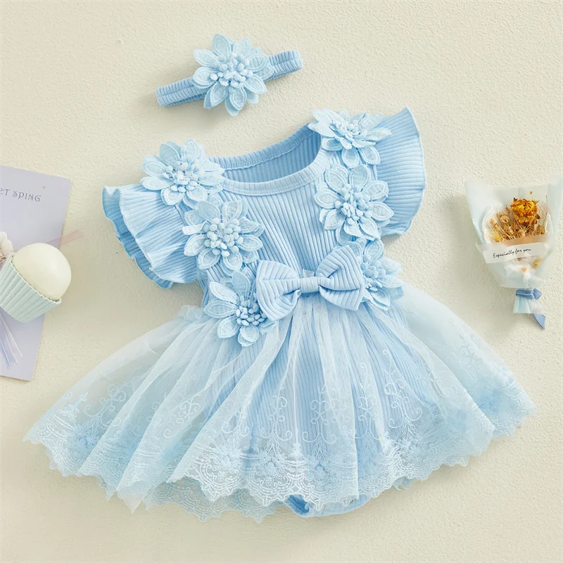 3D Flower Summer Baby Girls Romper Princess Mesh Newborn Clothes Lace Patchwork Ruffle Bodysuit Dress Headband Kids Clothing