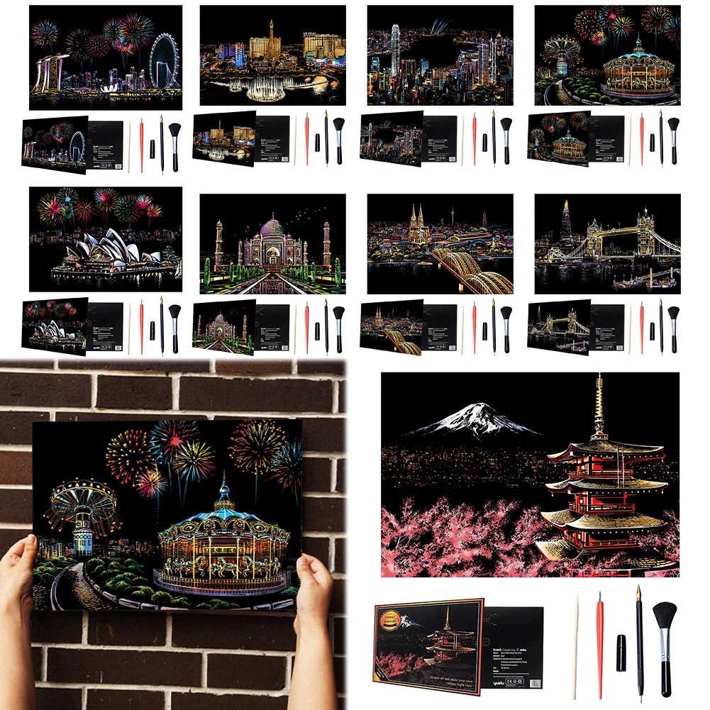 Scratch Art Malerei Papier Urban Landschaft Architektur Clip Art Nacht Szene DIY Scratchboard Bunte Scratch Art Malerei Spielzeug