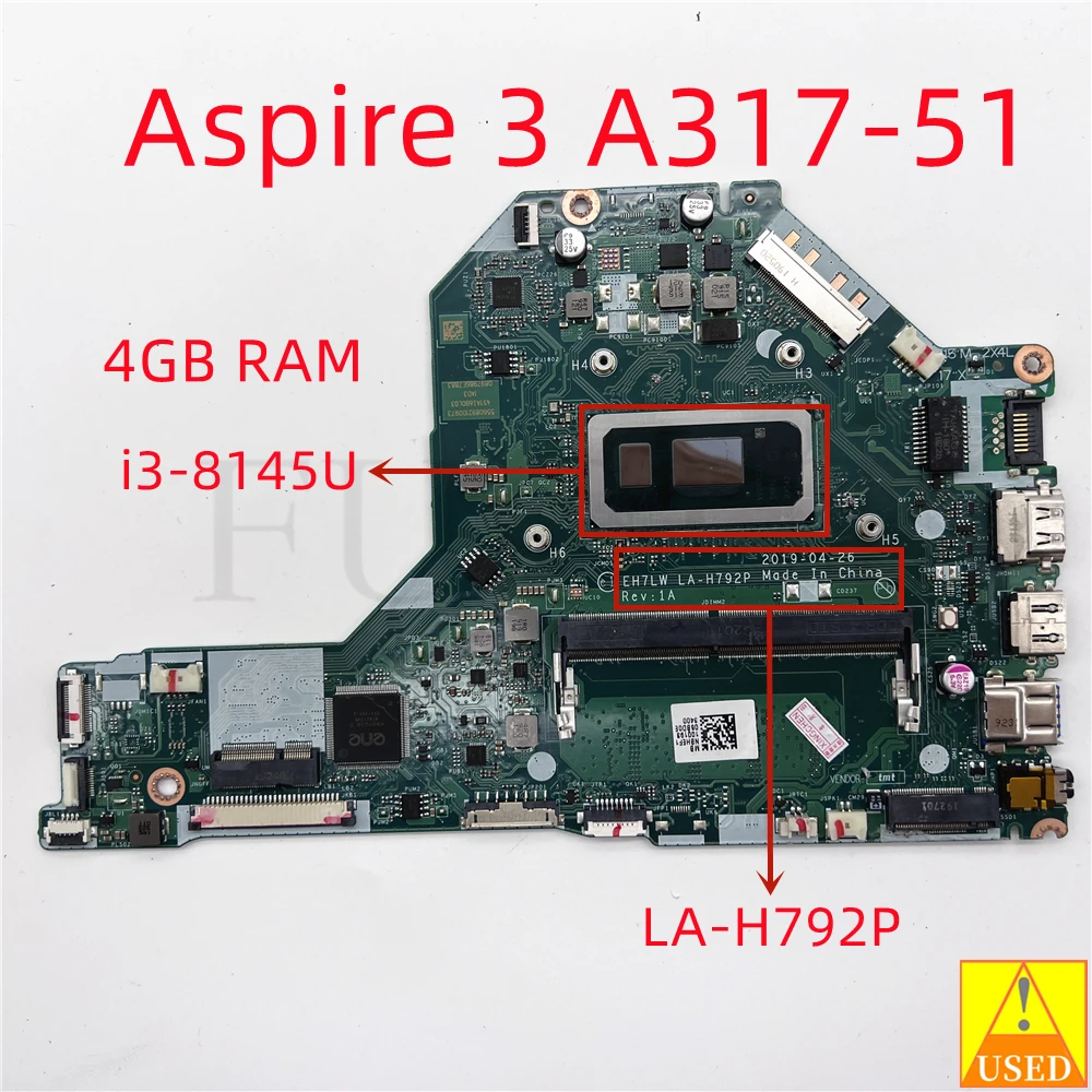 USED Laptop  Motherboard LA-H792P for ACER Aspire 3 A317-51 WITH I3-8145U 4GB RAM Fully tested 100% work