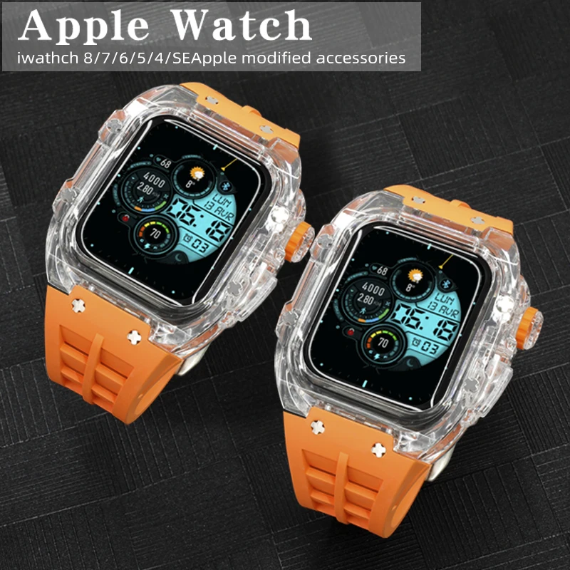 

Совместим с прозрачным корпусом Applewatch 8, защитным чехлом iWatch7, фторкаучуковый ремешок для часов 45, 44, модификация часов.