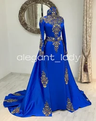 Royal Blue Muslim Caftan Evening Formal Dresses Luxury Lace Applique Beaded Henna Moroccan Prom Gown outfit فساتين السهرة