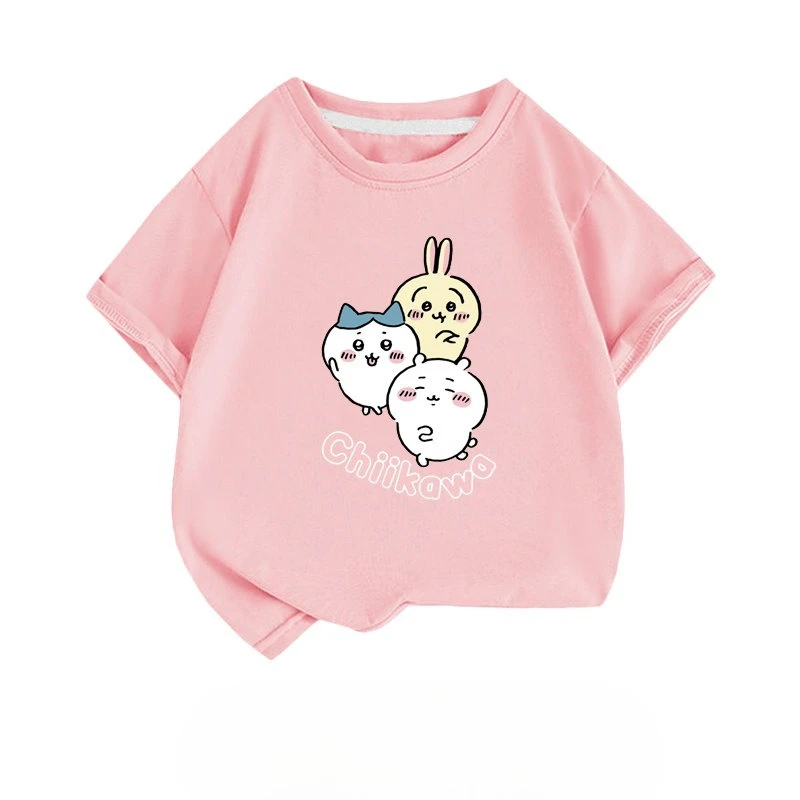 Children Chiikawa Three Characters Print T Shirt White Pure Cotton Kids Tee Lovely Walking Rabbit Cat Bear Anime Pattern